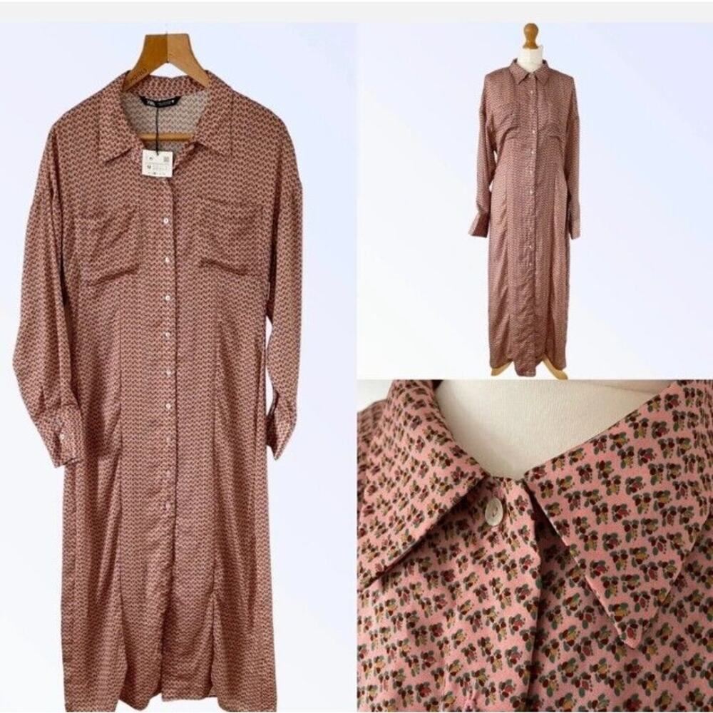 NWT Zara Spring Pink Silky Button-Down Floral Maxi Dress XL